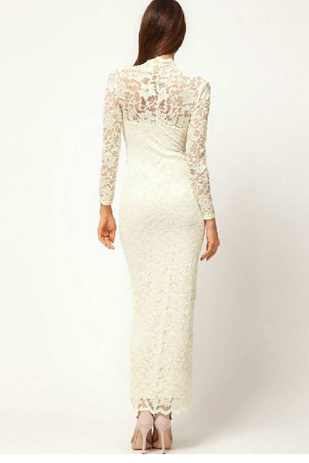 Women V-Neck Long-Sleeved Full Length Maxi Dress White