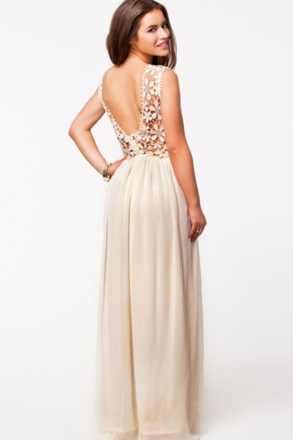 Women's Sleeveless Lace Stitched Full Length Dress Beige