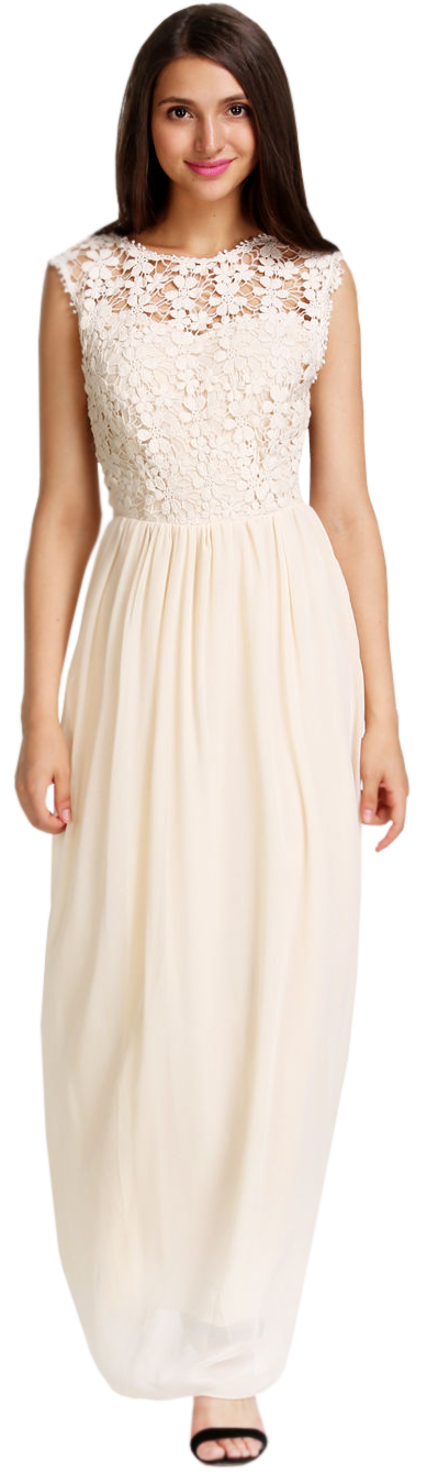 Women's Sleeveless Lace Stitched Full Length Dress Beige