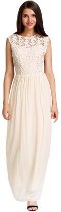 Women's Sleeveless Lace Stitched Full Length Dress Beige