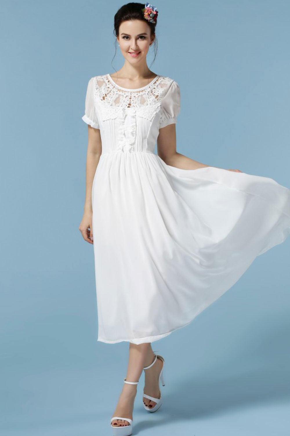 Women's Designed Round Neck Pleated Waist Chiffon Dress White