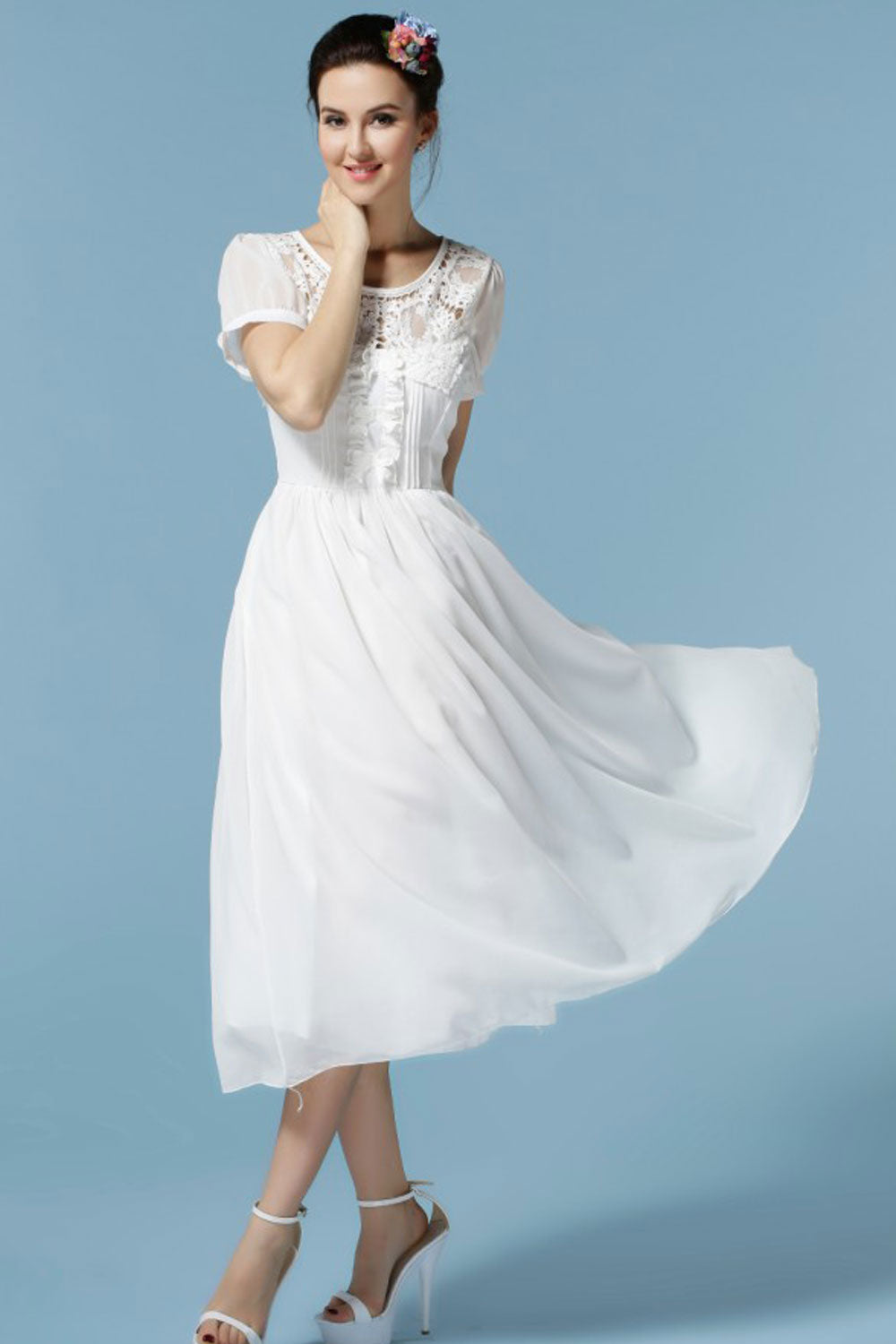 Women's Designed Round Neck Pleated Waist Chiffon Dress White