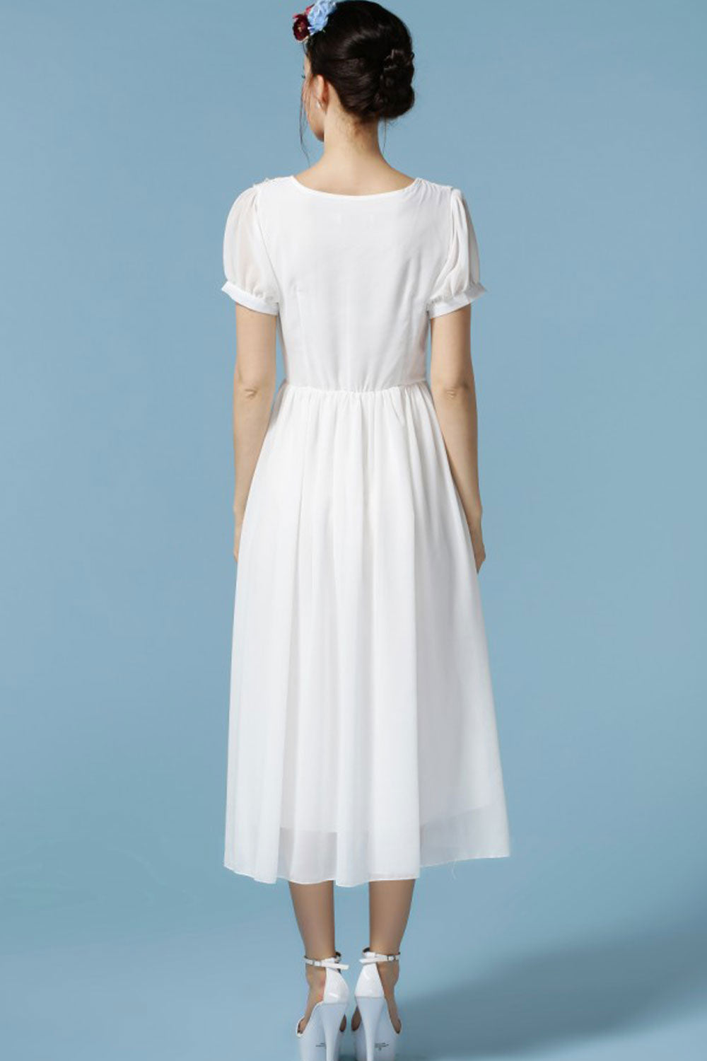 Women's Designed Round Neck Pleated Waist Chiffon Dress White