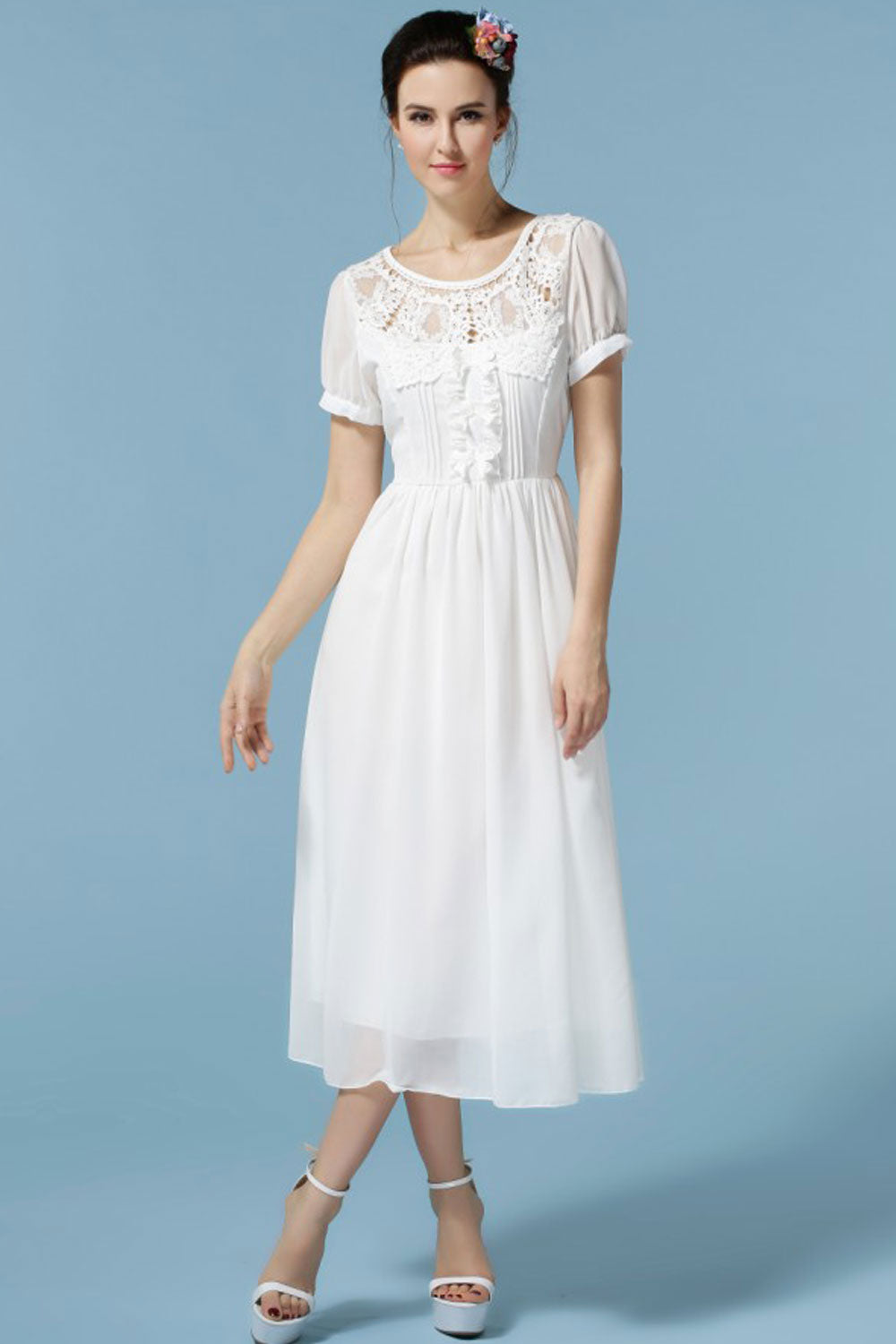 Women's Designed Round Neck Pleated Waist Chiffon Dress White