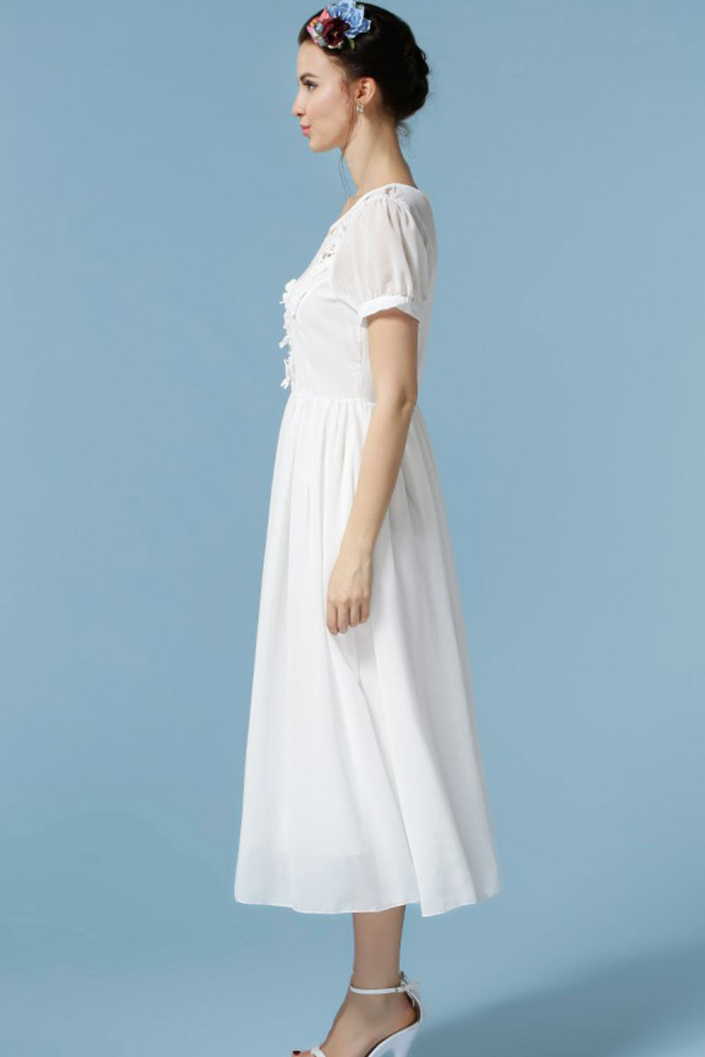 Women's Designed Round Neck Pleated Waist Chiffon Dress White