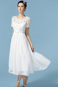Women's Designed Round Neck Pleated Waist Chiffon Dress White