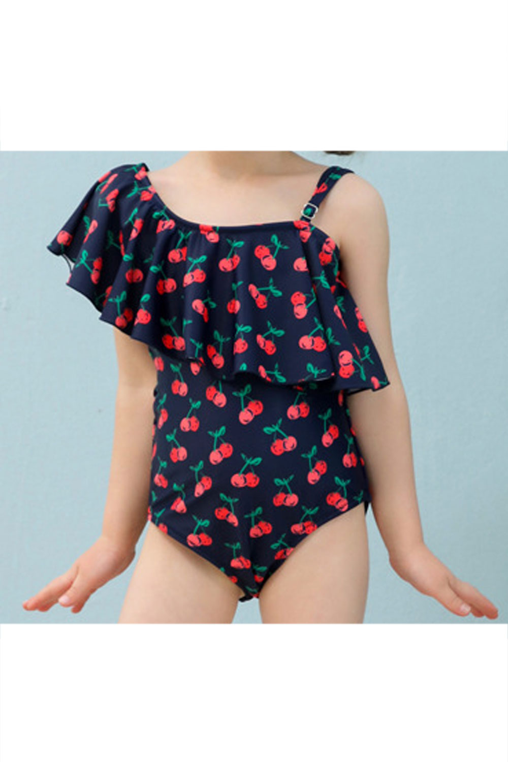 Baby Girls Slanting Neck Cherry Printed Beach Out One Piece Swimwear