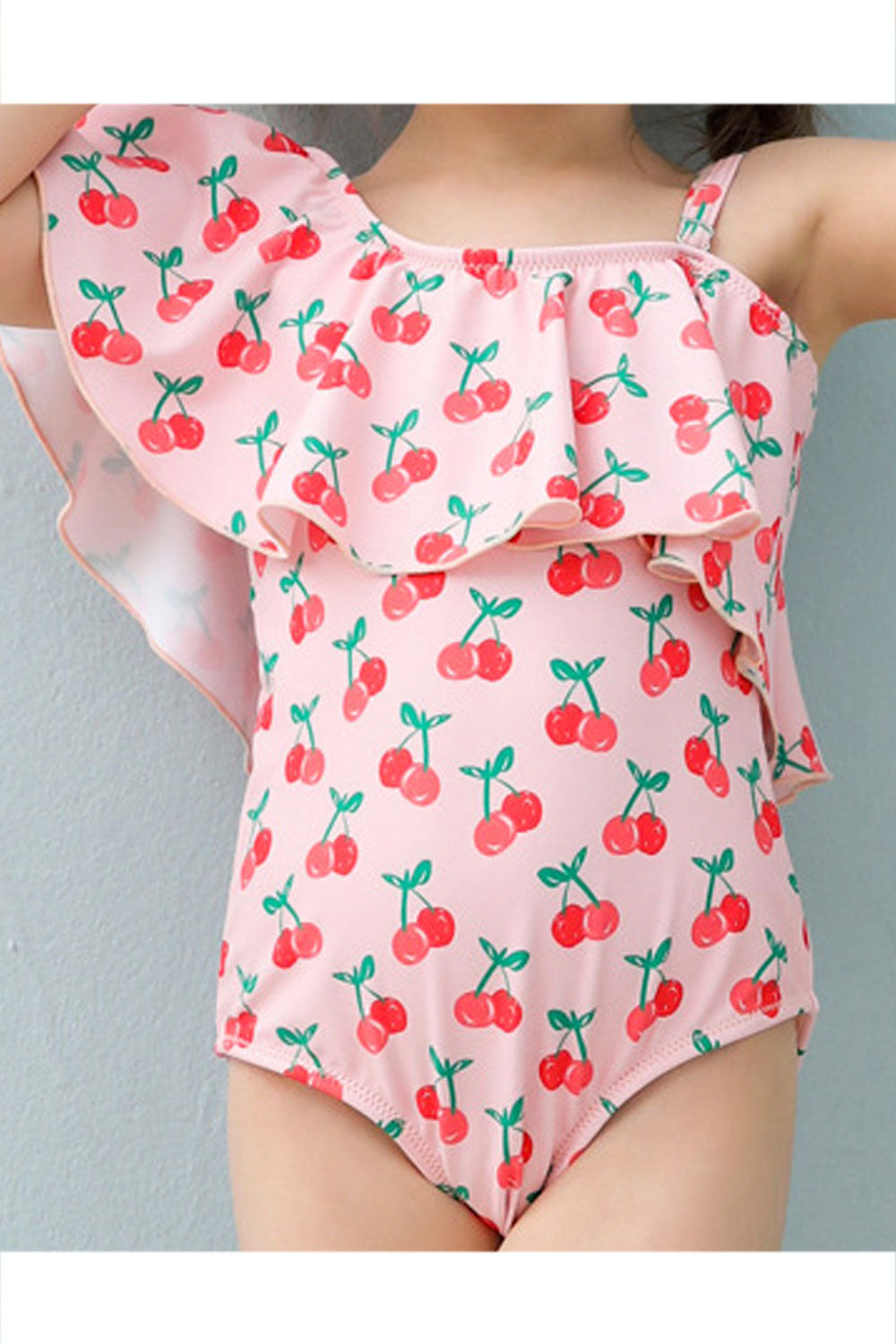 Baby Girls Slanting Neck Cherry Printed Beach Out One Piece Swimwear