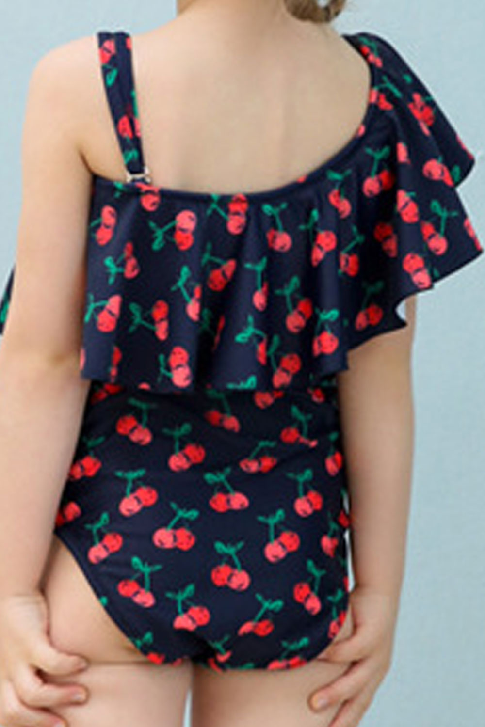 Baby Girls Slanting Neck Cherry Printed Beach Out One Piece Swimwear