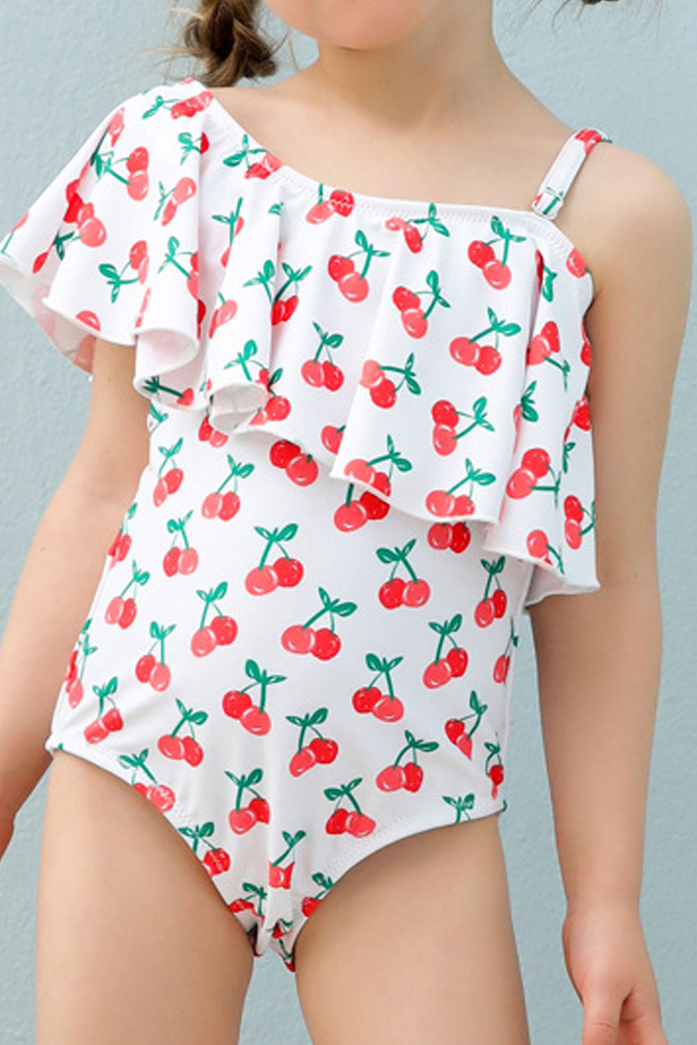 Baby Girls Slanting Neck Cherry Printed Beach Out One Piece Swimwear