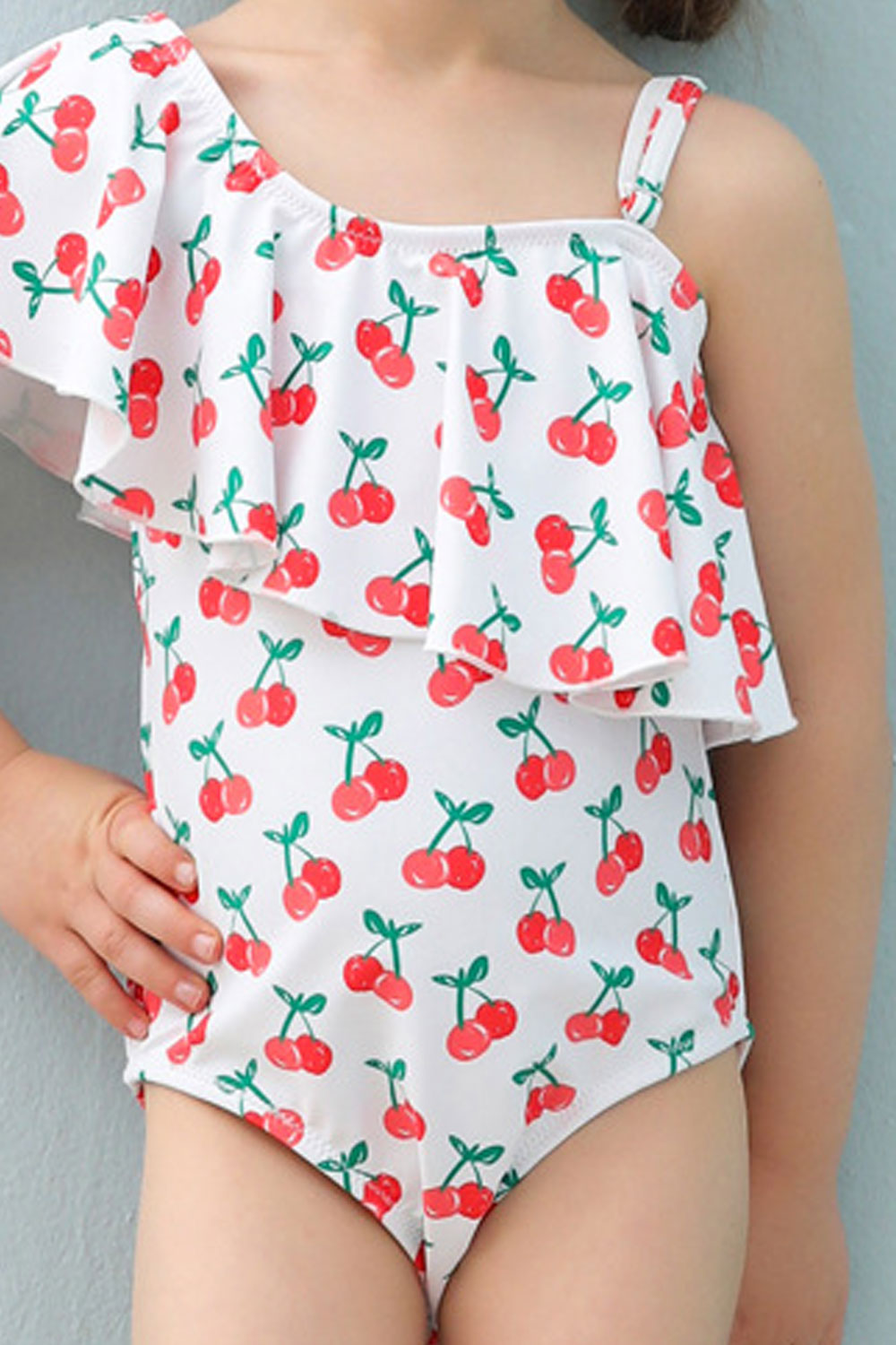 Baby Girls Slanting Neck Cherry Printed Beach Out One Piece Swimwear