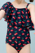 Baby Girls Slanting Neck Cherry Printed Beach Out One Piece Swimwear