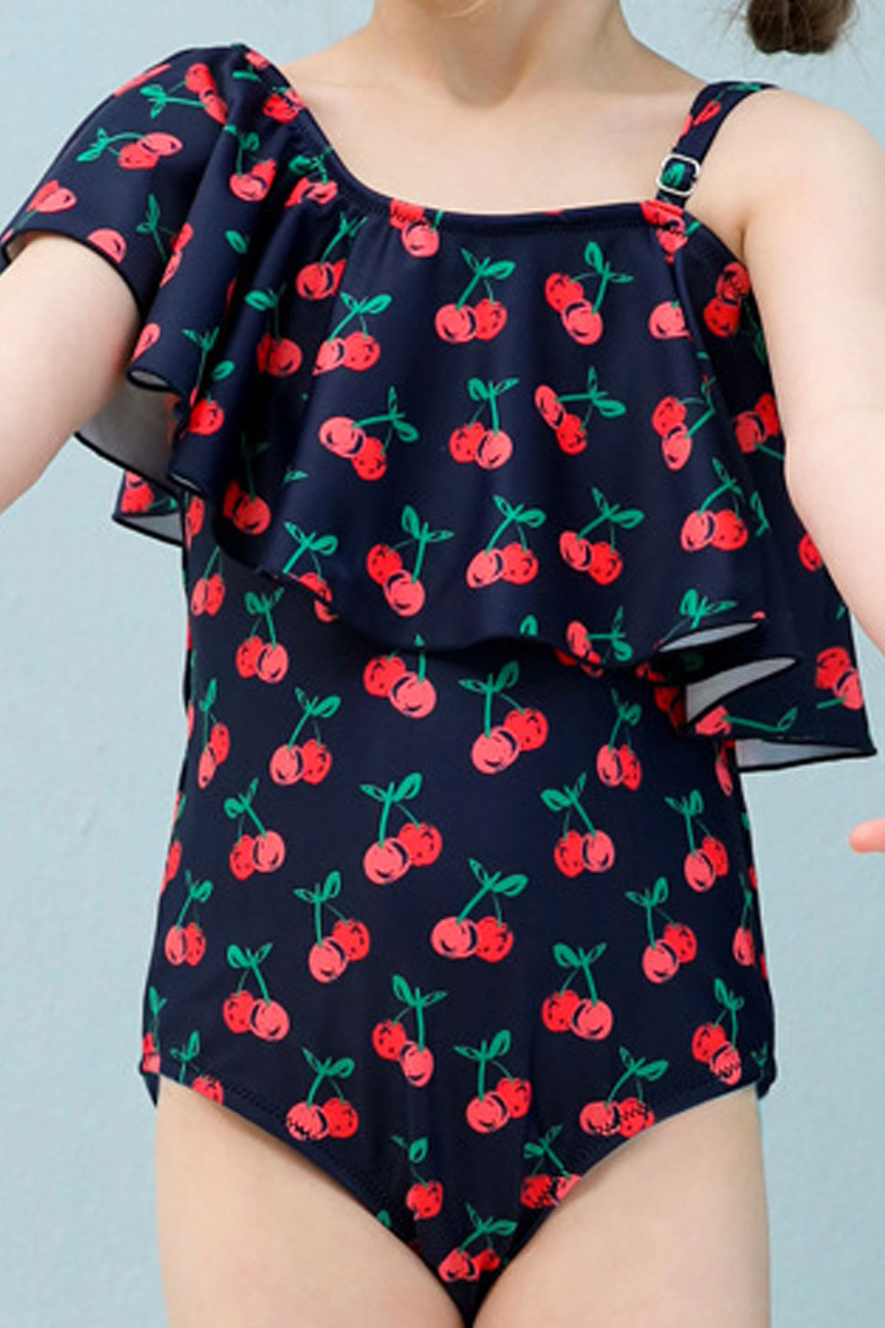 Baby Girls Slanting Neck Cherry Printed Beach Out One Piece Swimwear