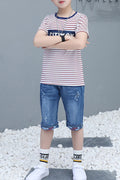 Kids Boys Classic Short Sleeve Striped Pattern Comfy Two Piece Outfit Set