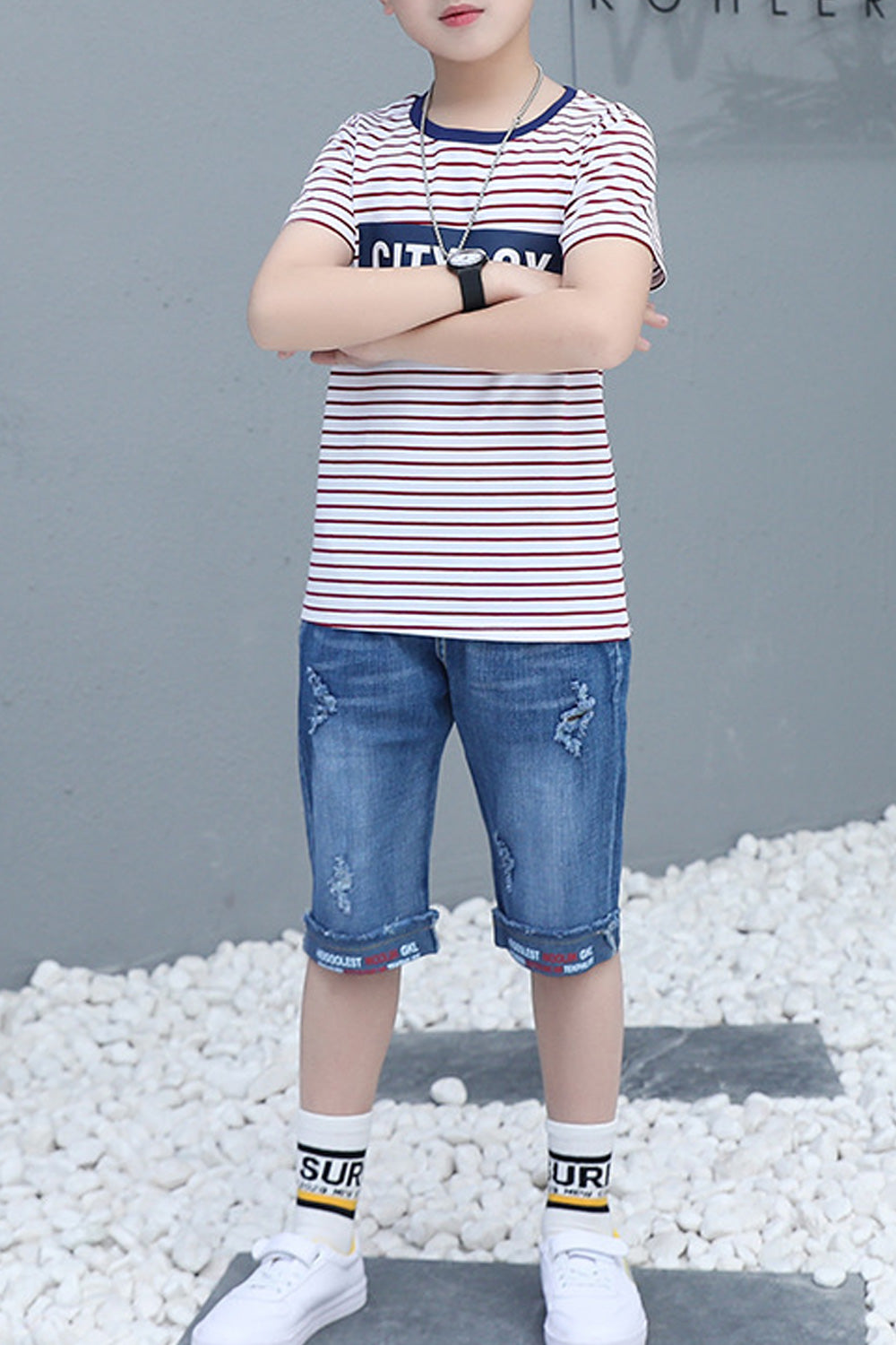 Kids Boys Classic Short Sleeve Striped Pattern Comfy Two Piece Outfit Set