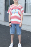 Kids Boys Striped Pattern Short Sleeve Denim Short Two Piece Outfit Set