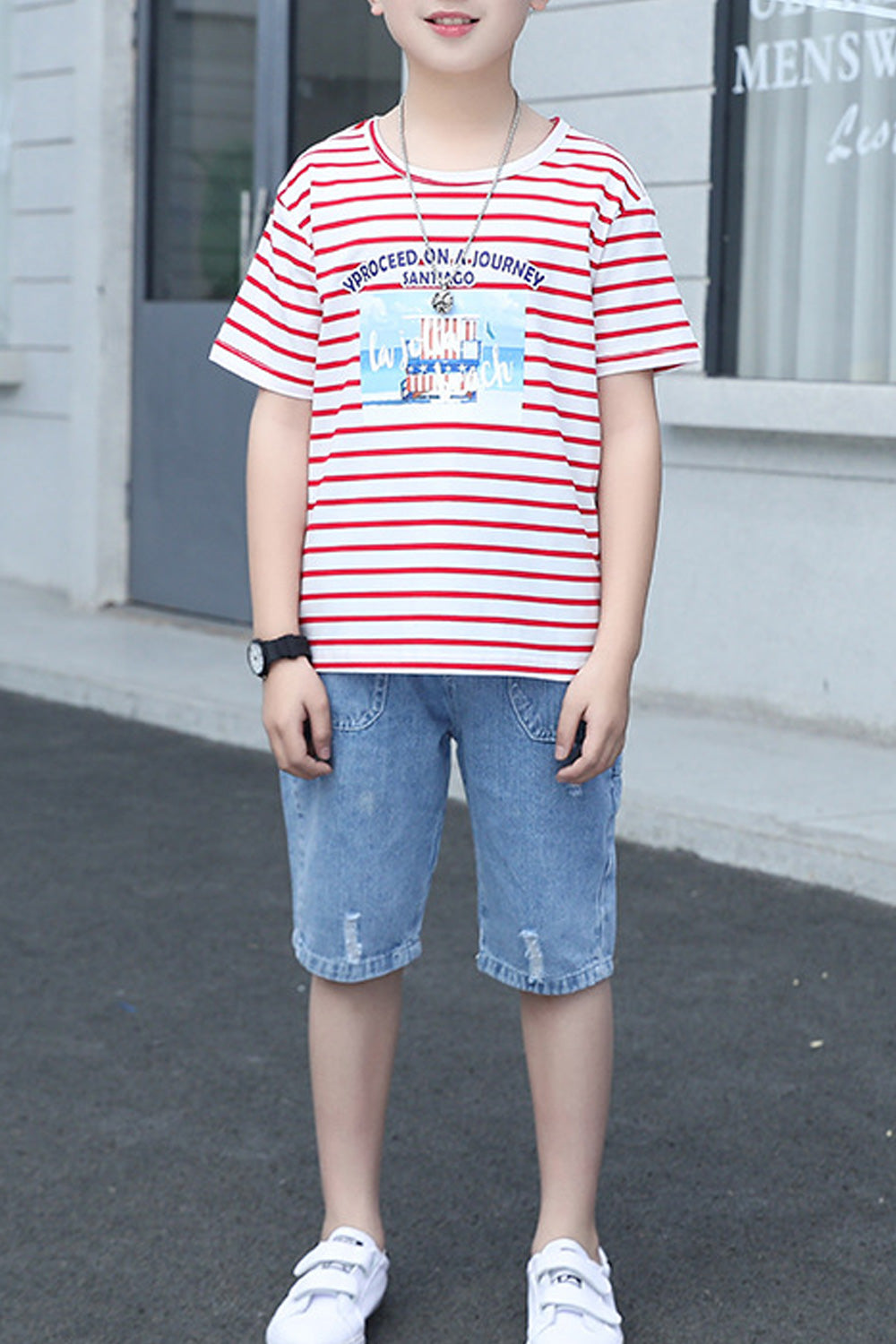 Kids Boys Striped Pattern Short Sleeve Denim Short Two Piece Outfit Set