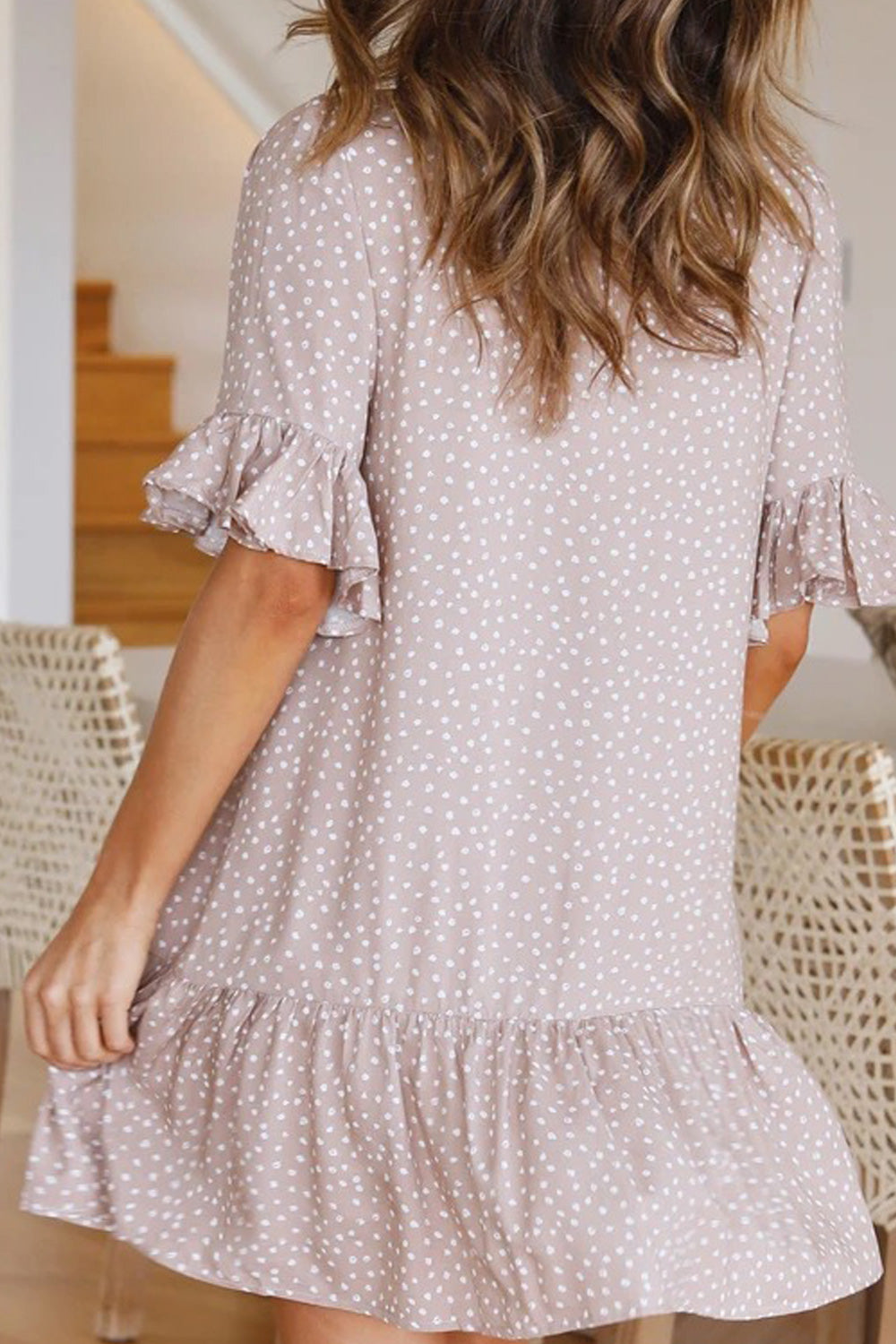 Women Trumpet Short Sleeve Summer V-Neck Polka Dotted Cute Dress