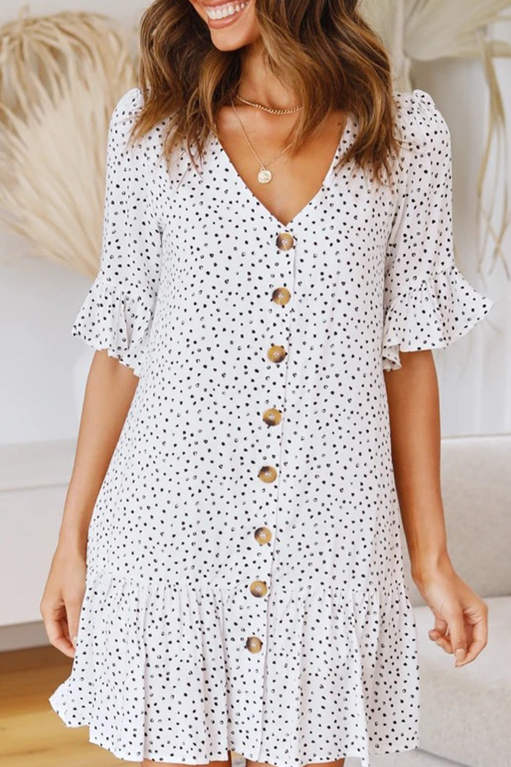 Women Trumpet Short Sleeve Summer V-Neck Polka Dotted Cute Dress