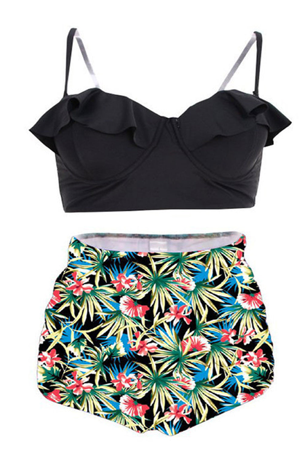 Women Two Piece Straps Bust Solid Bottom Swim Set