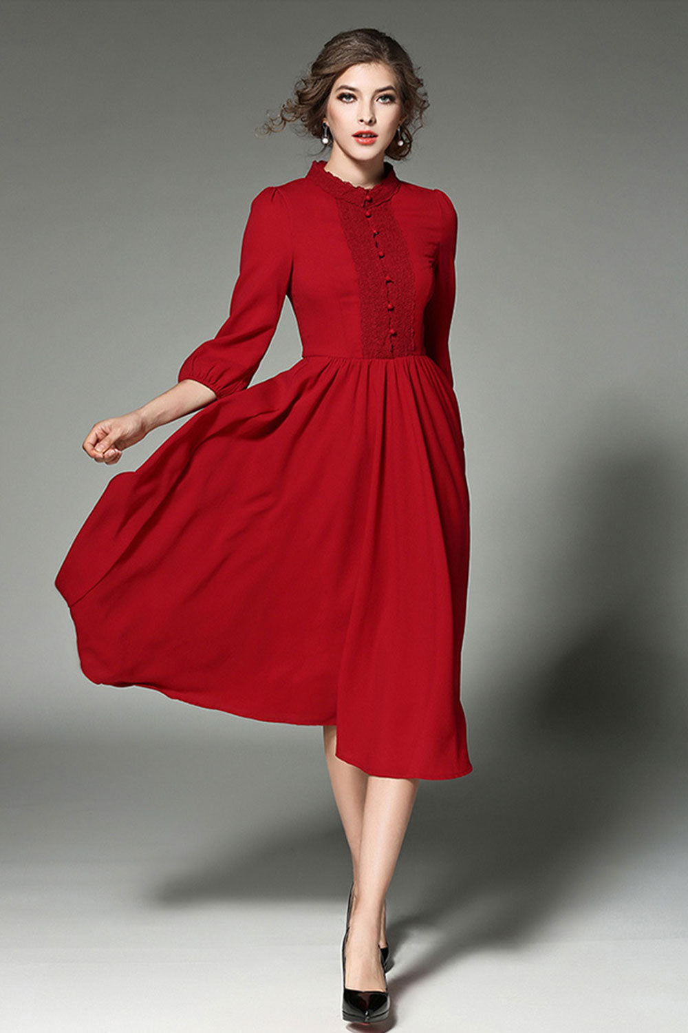 Women Fit Top Pleated Waist Maxi Style Dress Red