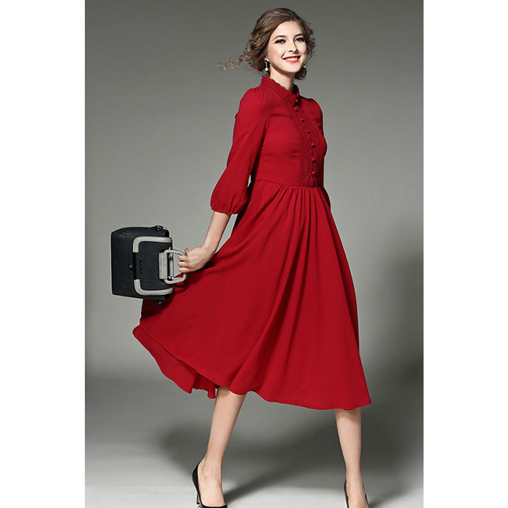 Women Fit Top Pleated Waist Maxi Style Dress Red