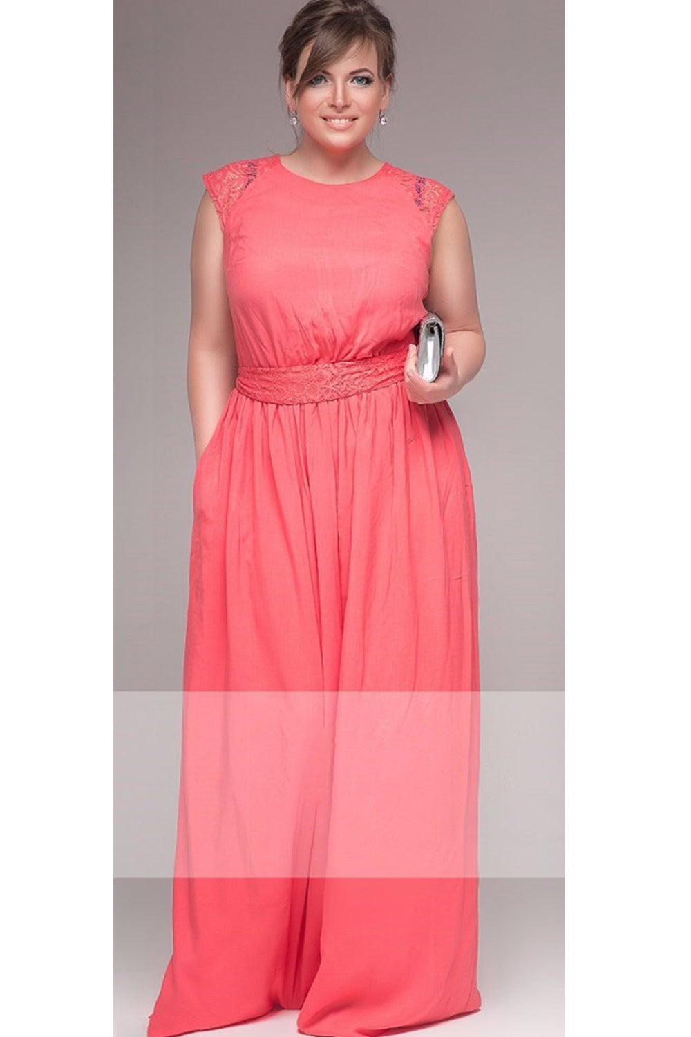 Women Plus Size Lace Belt Fastening Long Loose Gown Pink