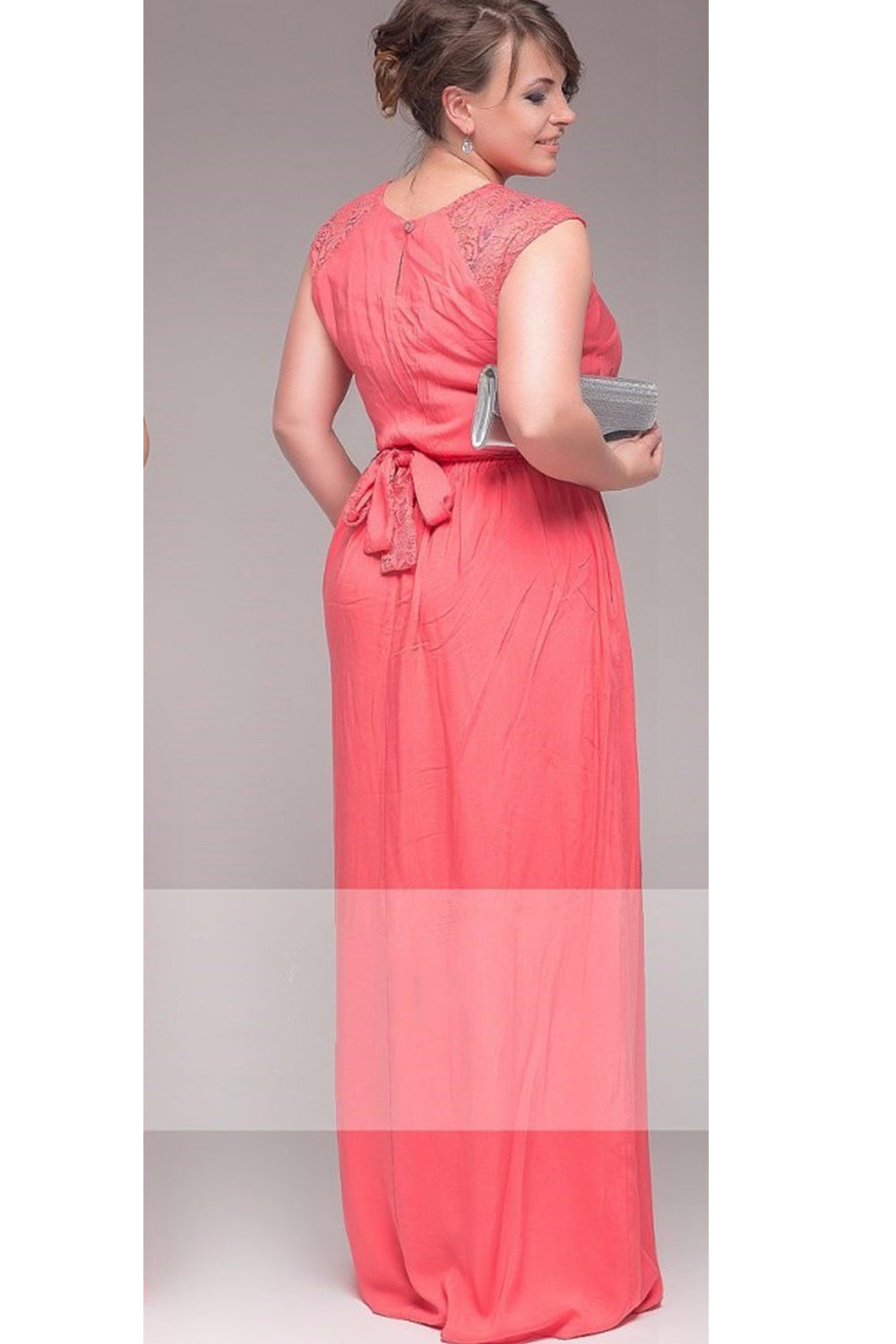 Women Plus Size Lace Belt Fastening Long Loose Gown Pink