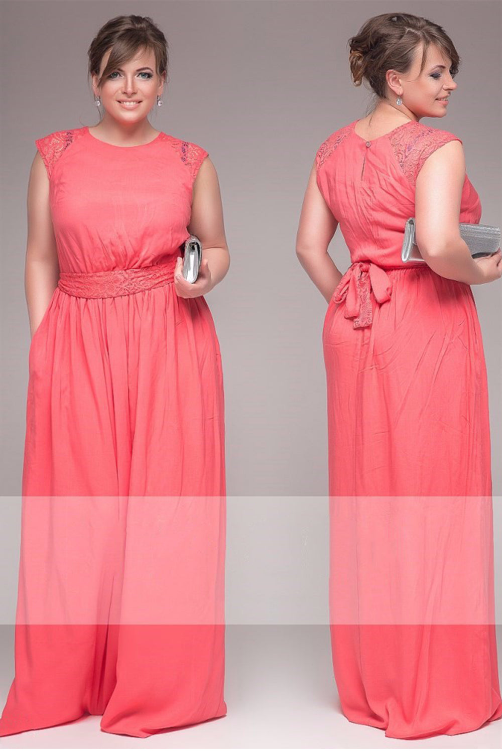 Women Plus Size Lace Belt Fastening Long Loose Gown Pink
