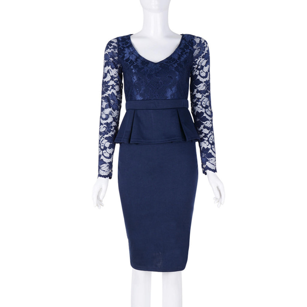 TomCarry Women Lace Stitched Hip Tight Skirt Peplum Dress Navy