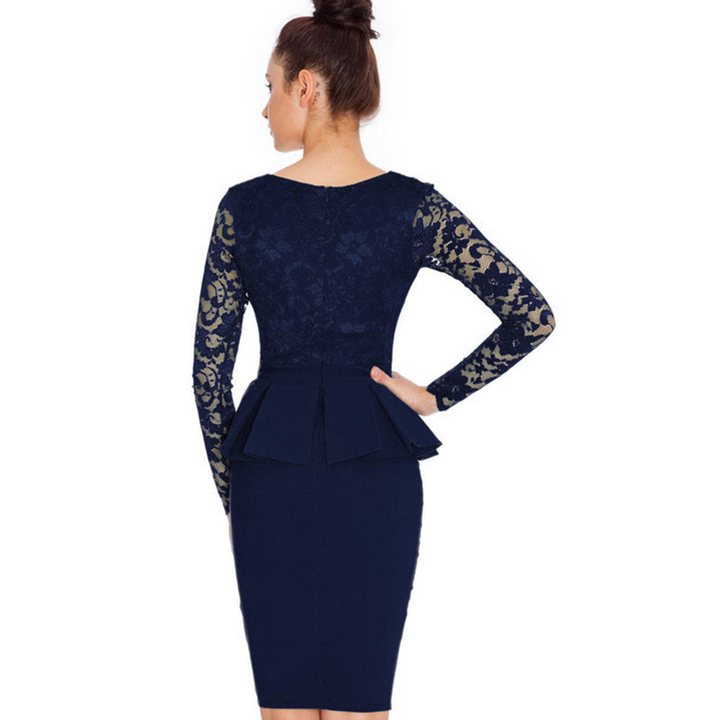 Yazona Women Lace Stitched Hip Tight Skirt Peplum Dress Navy