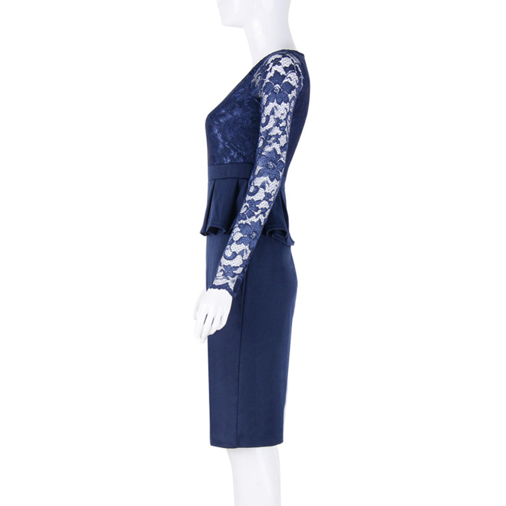 Yazona Women Lace Stitched Hip Tight Skirt Peplum Dress Navy