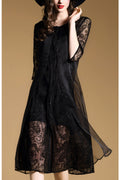 Women Sheer Sleeves Decorated Flower Lace Evening Dress Black