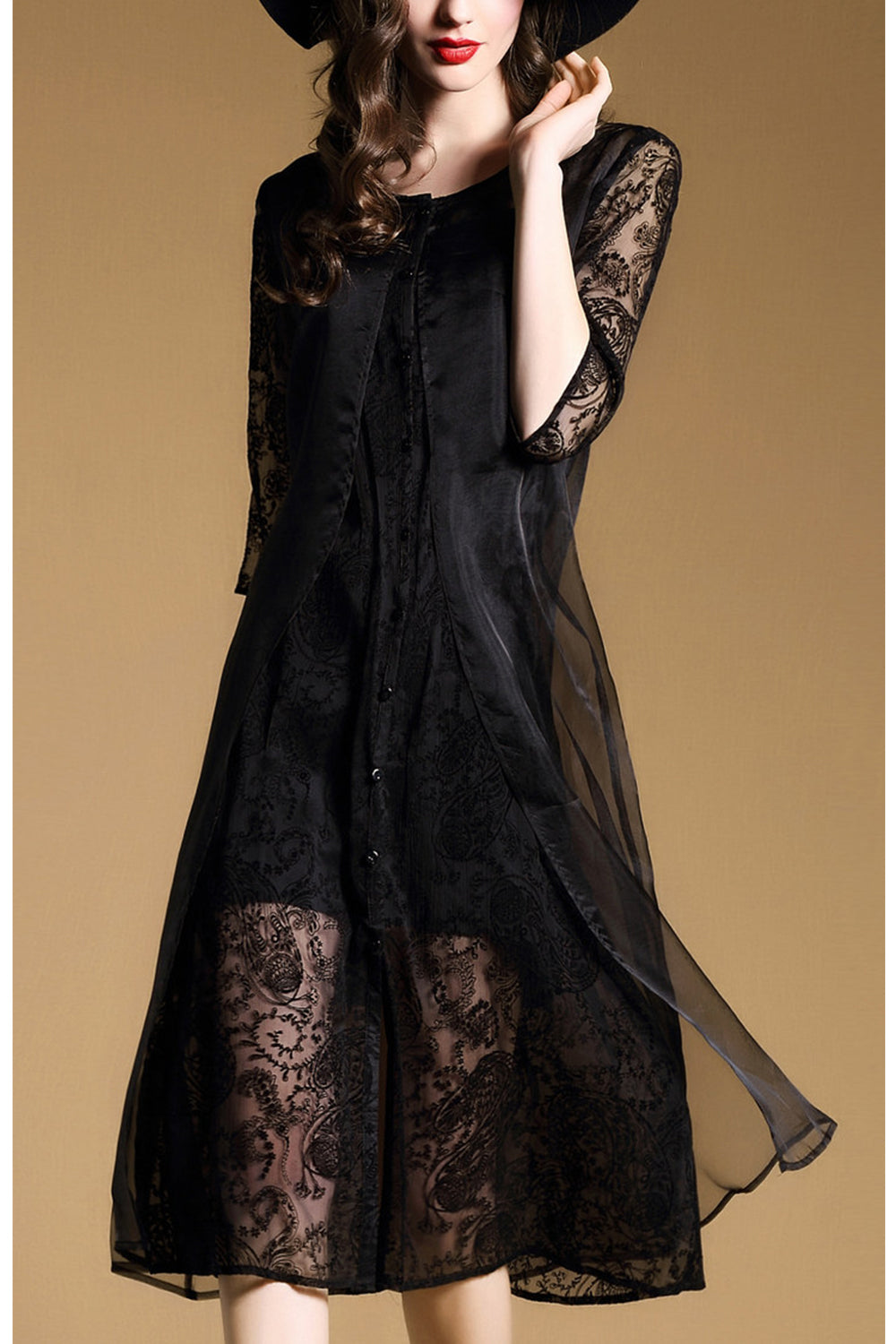 Women Sheer Sleeves Decorated Flower Lace Evening Dress Black