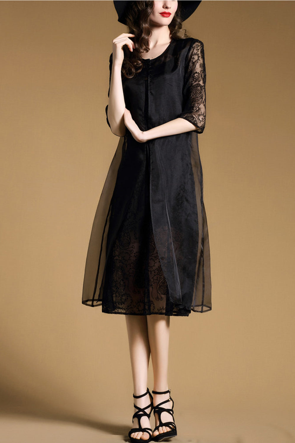 Women Sheer Sleeves Decorated Flower Lace Evening Dress Black