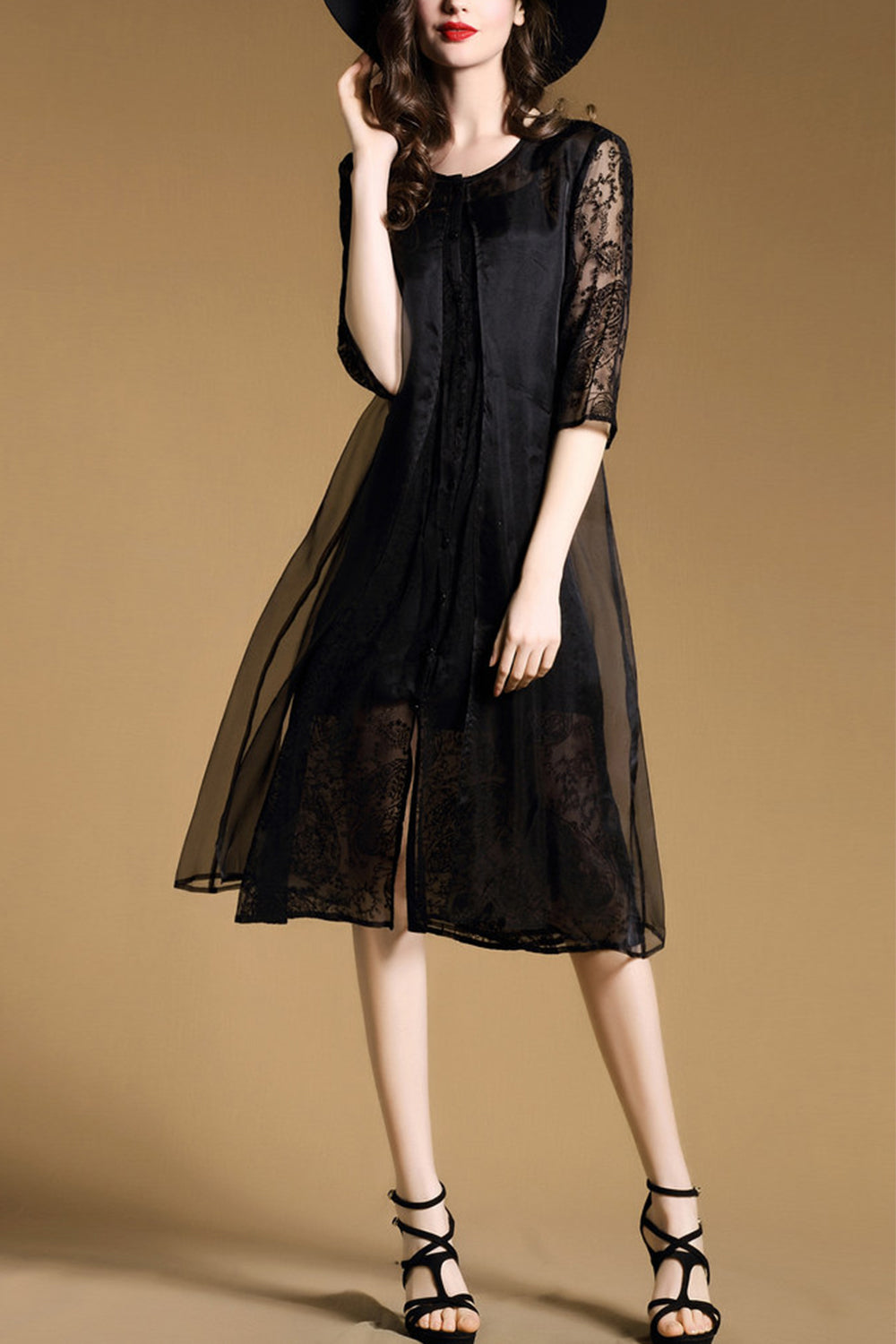 Women Sheer Sleeves Decorated Flower Lace Evening Dress Black
