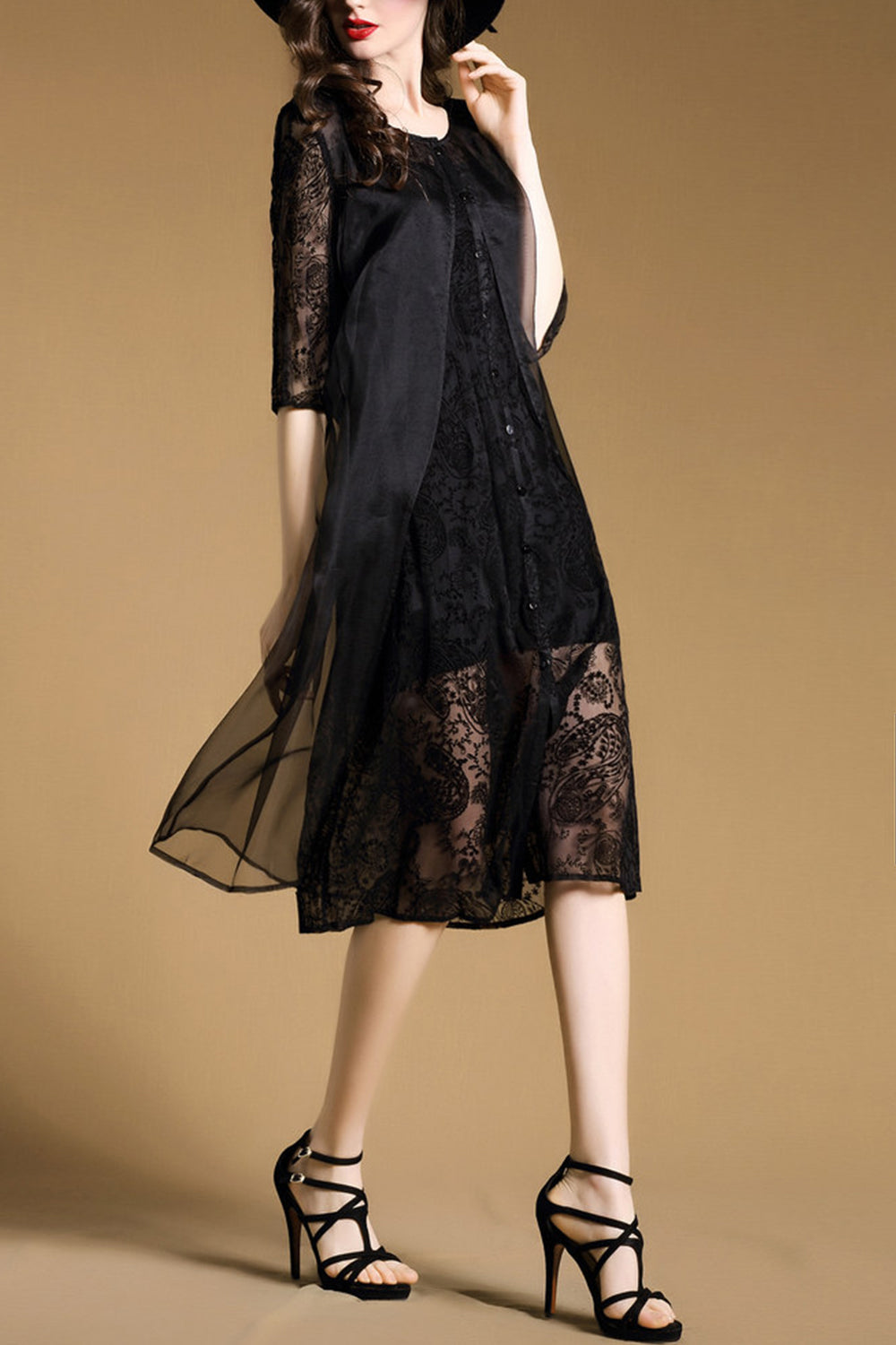 Women Sheer Sleeves Decorated Flower Lace Evening Dress Black