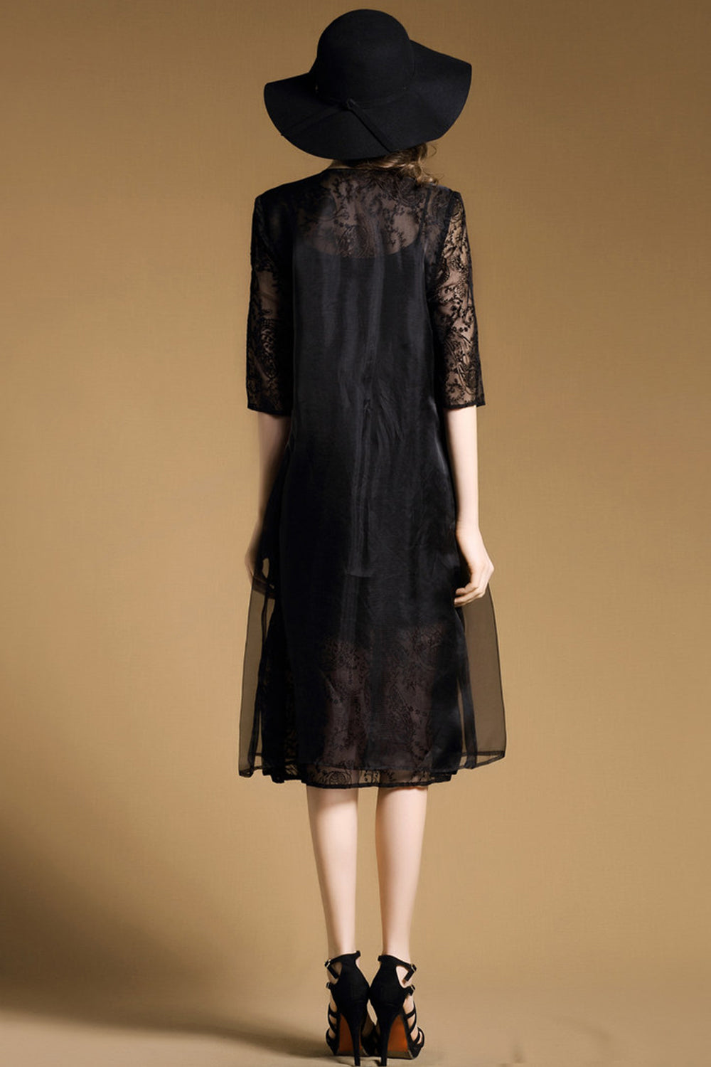 Women Sheer Sleeves Decorated Flower Lace Evening Dress Black