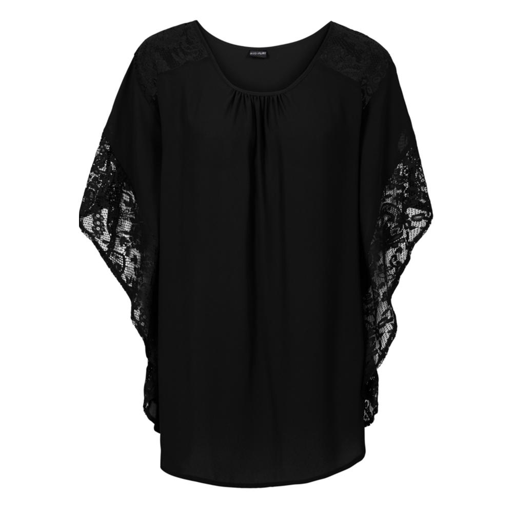 Women Loose Bat Sleeves Party Lace Blouse Black