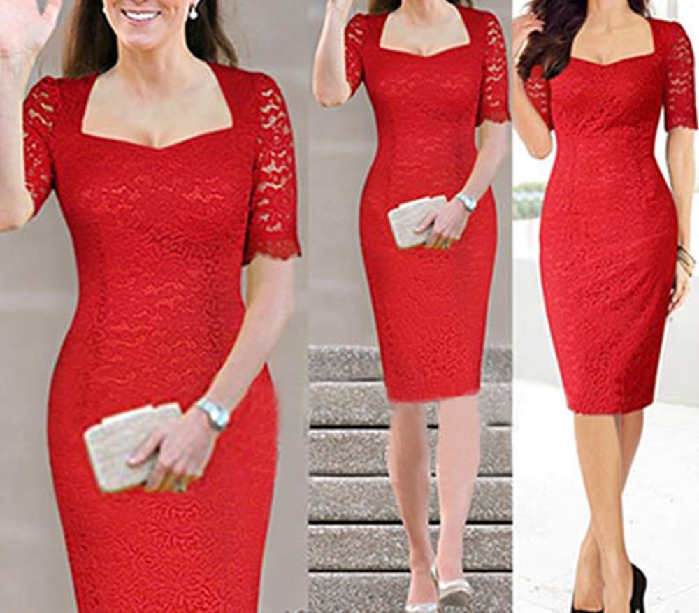 KATE MIDDLETON WEARING RED LACE DRESS