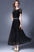 Women Long Belt Fasten Lace Covered Party Dress