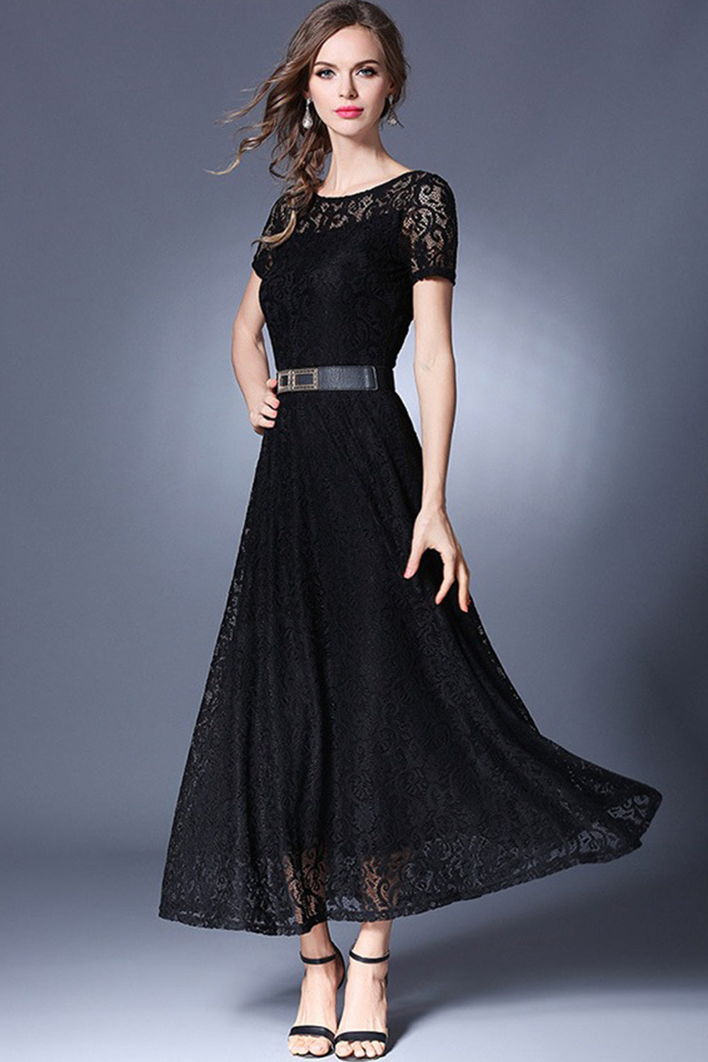 Women Long Belt Fasten Lace Covered Party Dress