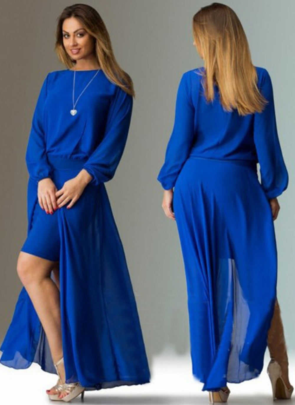 Women Full Sleeves Loose Long Side Open Section Dress