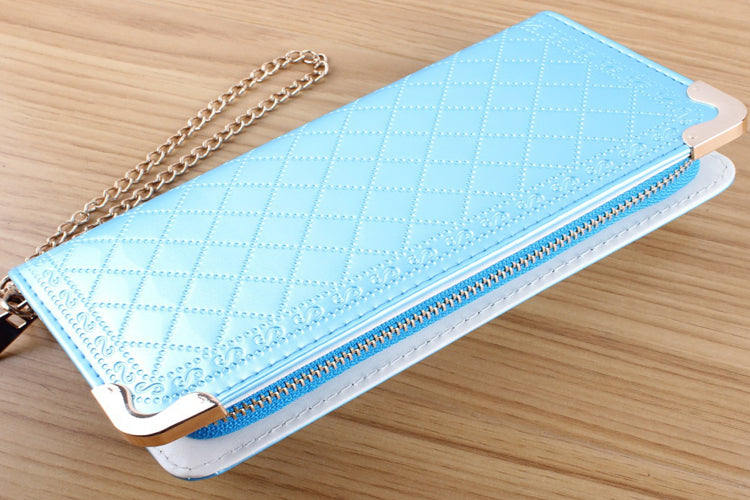 WOMENS HAND CLUTCH BLUE WALLET WITH METAL CHAIN