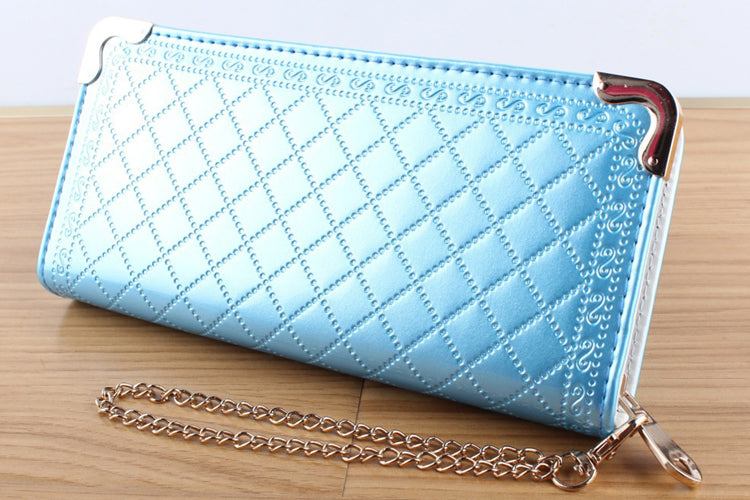 WOMENS HAND CLUTCH BLUE WALLET WITH METAL CHAIN