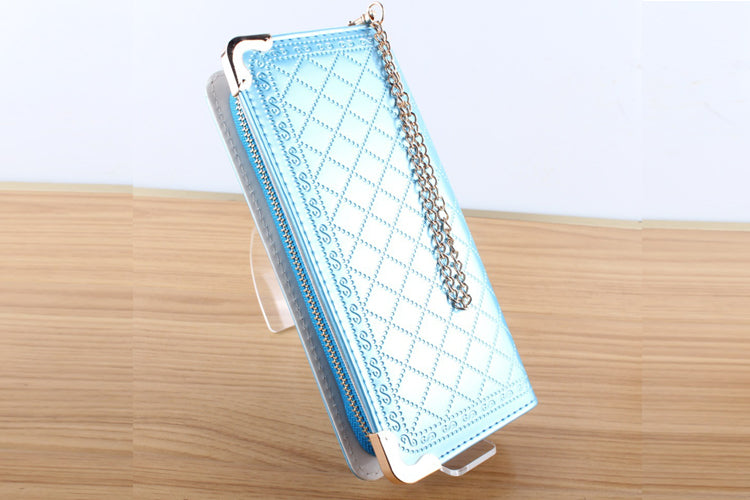 WOMENS HAND CLUTCH BLUE WALLET WITH METAL CHAIN