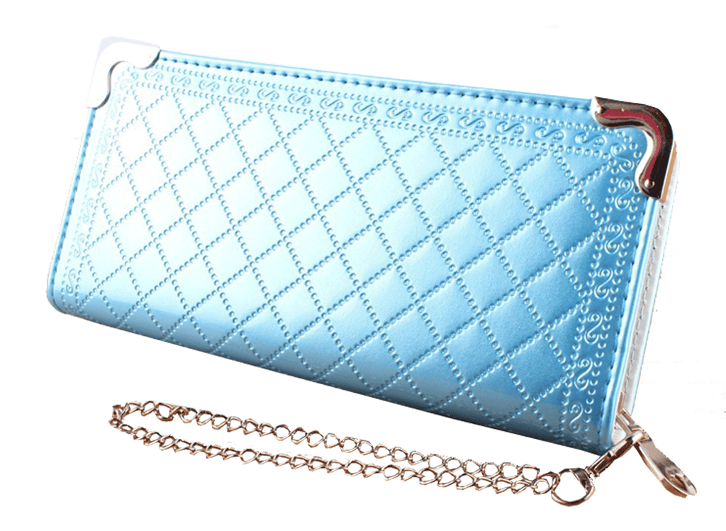 WOMENS HAND CLUTCH BLUE WALLET WITH METAL CHAIN