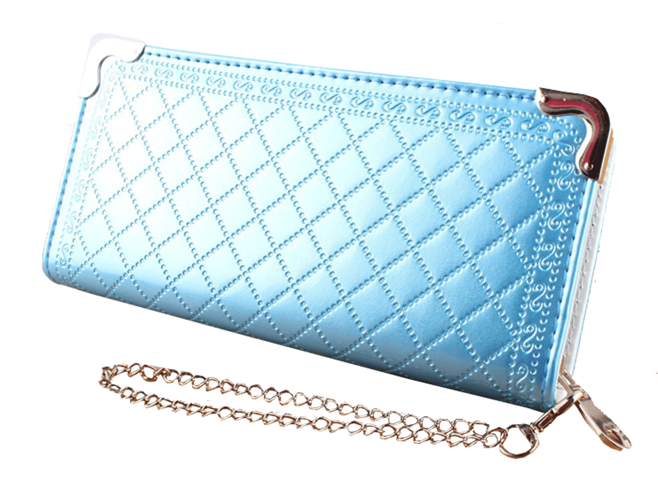 WOMENS HAND CLUTCH BLUE WALLET WITH METAL CHAIN