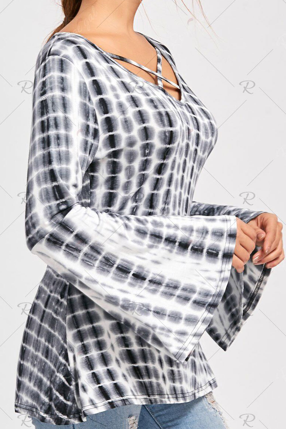 Women Cross Straps Long Bell Sleeve Casual Top
