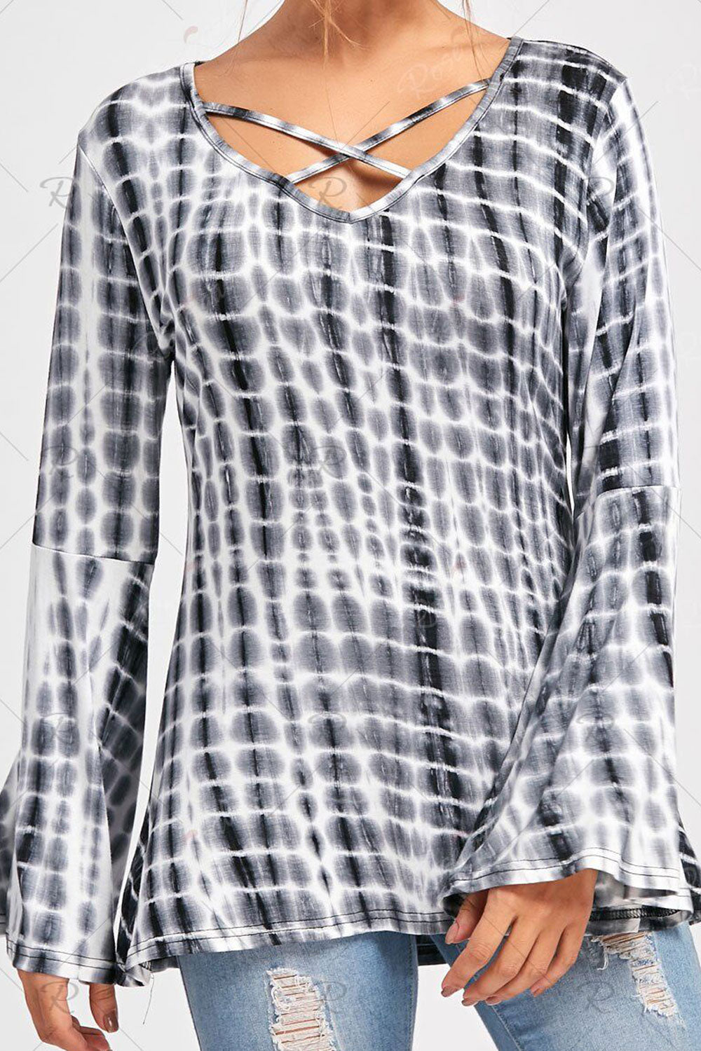 Women Cross Straps Long Bell Sleeve Casual Top